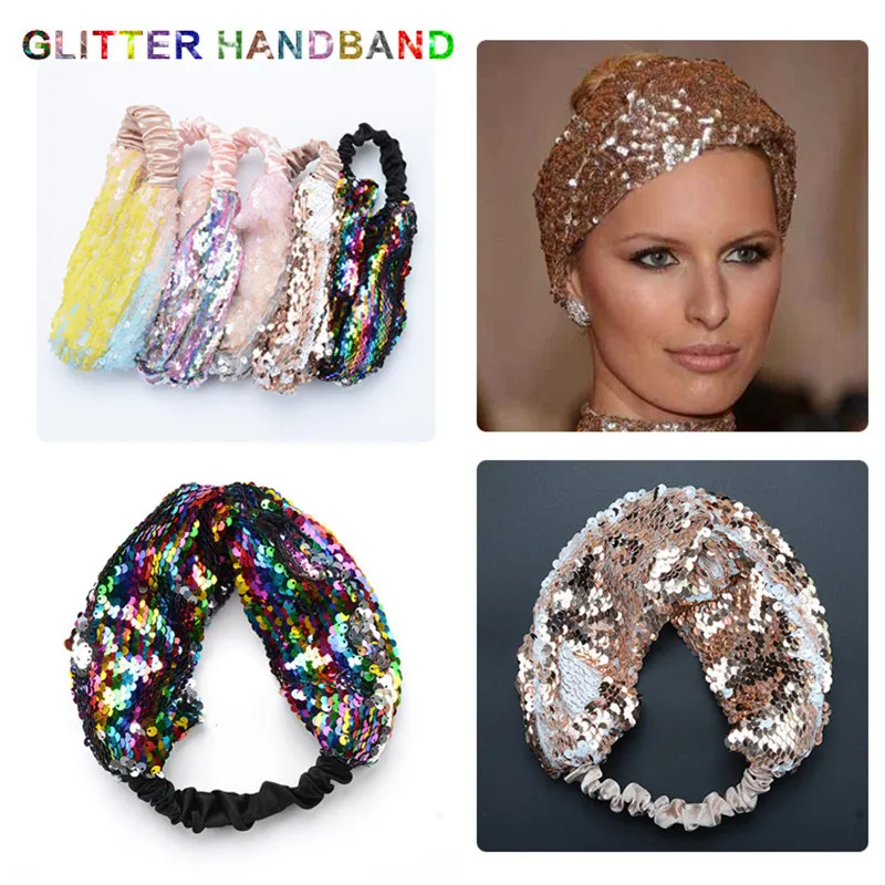 6pcs/lot Mermaid Reversible Sequin Headbands For Girls Turban Handmade Cross Elastic Bands Women Hair Accessories