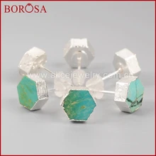 BOROSA натуральные серьги из синего камня, шестигранные кварцевые серьги Druzy серебристого цвета, серьги-гвоздики с бирюзой, ювелирные изделия для женщин S0611