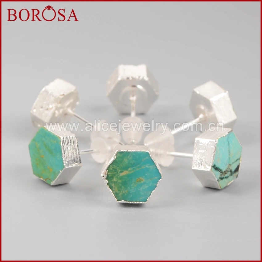 

BOROSA 100% Natural Blue Stone Earrings Hexagon Quartz Druzy Silver Color Stud Earrings Turquoises Druzy Jewelry For Women S0611