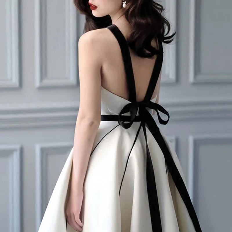 INDRESSME Women Dress Casual A Line Sexy Spaghetti Strap Backless Knee Length Bow Lady Party Dress Vestidos 2018