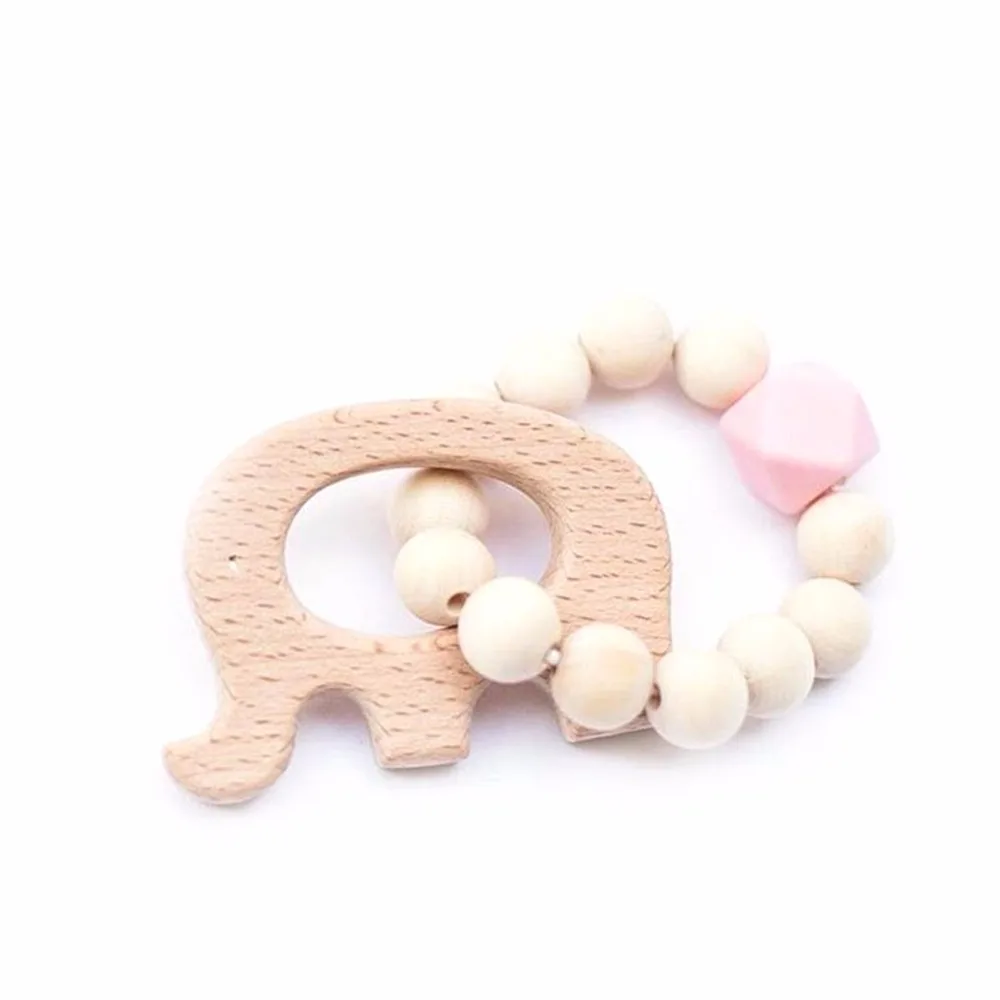 Mom Kids Wooden Baby Bracelet Animal Shaped Jewelry Teething For Baby Organic Wood Silicone Beads Baby Rattle Stroller Toys
