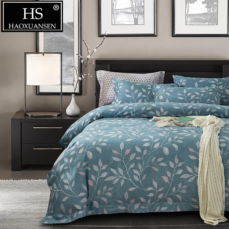 

Luxury Egyptian Cotton Satin Sanding 4pcs Bedding Sets Leaf Pattern Printed Soft Warm Duvet Cover Set Queen King Size Bedclothes