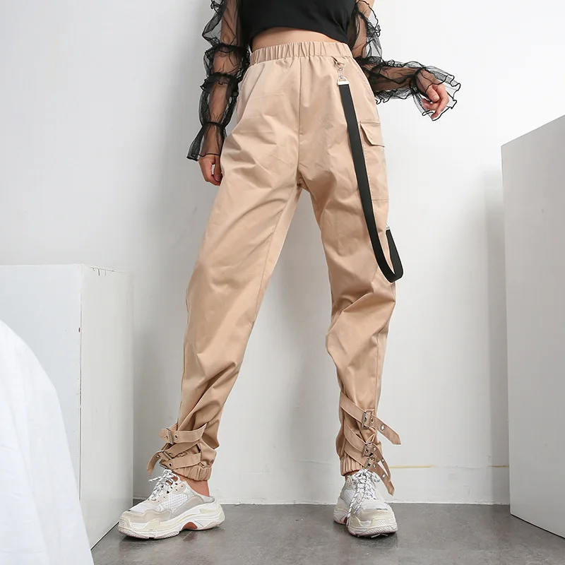 2018 Khaki Cargo Pants Women Pocket Button Hem Sashes