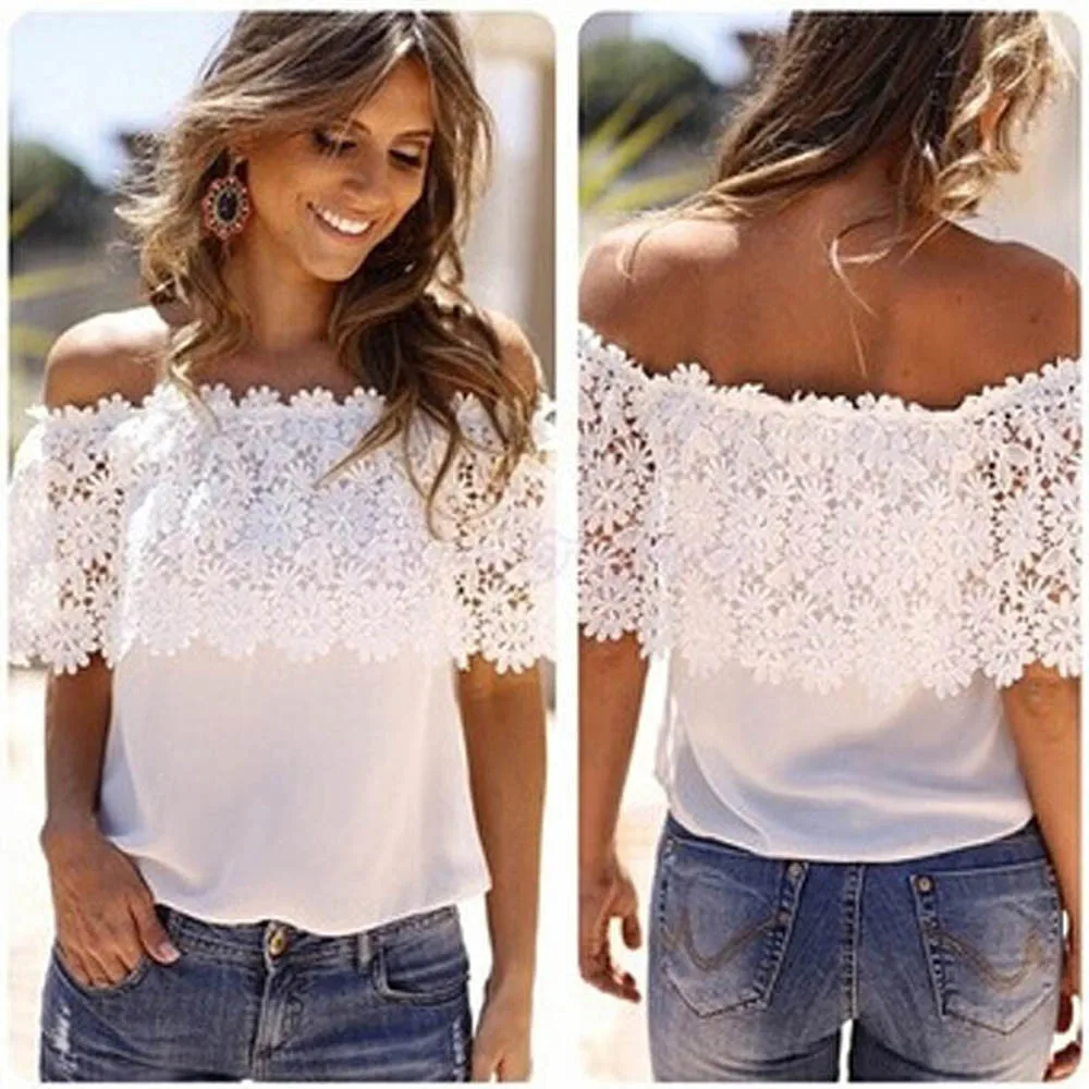 

Plus Size Sexy Women Off Shoulder Casual Tops Lace Crochet Chiffon Shirt XXXL Printed T-shirt Hot Sale Femme Poleras Mujer