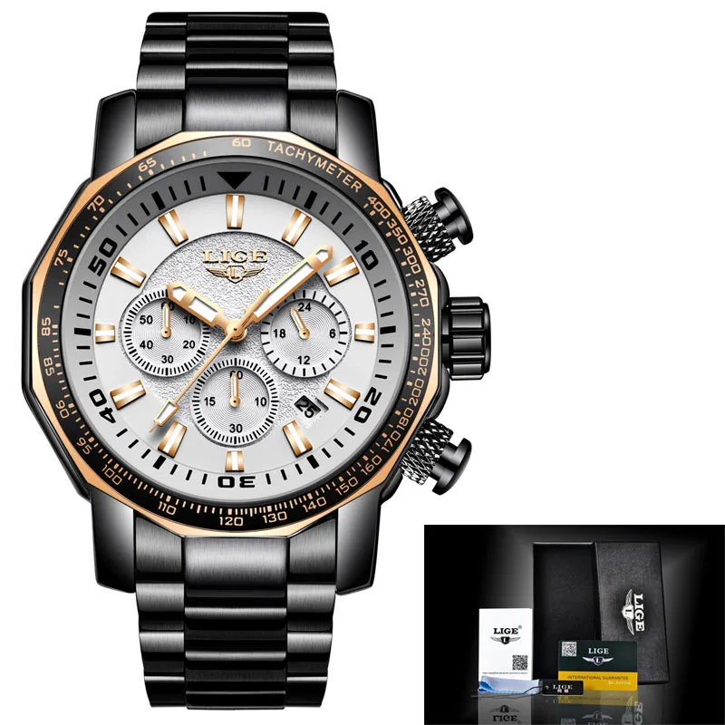 Relogio Masculino мужские часы LIGE Лидирующий бренд Роскошные модные кварцевые часы мужские Бизнес водонепроницаемые часы с большим циферблатом военные спортивные часы - Цвет: Gold White