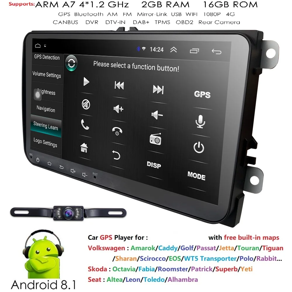 

2Din Car Multimedia player 2G RAM Android 8.1 GPS For V W/Golf/Tiguan/Skoda/Fabia/Rapid/Seat/Leon/Skoda RDS Steel wheel control