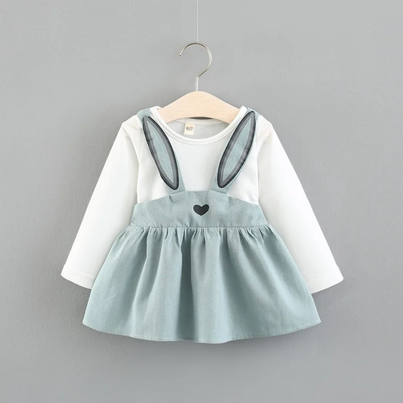 Baby spring and autumn new girls cotton long-sleeved dress baby cartoon cute fake two-piece strap skirt