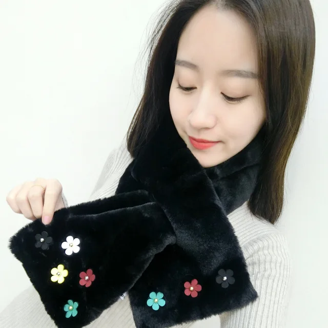 New Fashion Winter Thick Feather Fleece Warm Scarf Flowers Embroidery Lady Scarf Pure Color 
