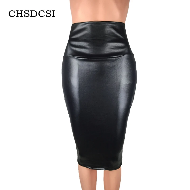 CHSDCSI Pencil Skirts Women PU Leather Skirt Solid Color High Waist Slim Hip Vintage Long Open Slit Clubwear Bodycon Sexy Skirt