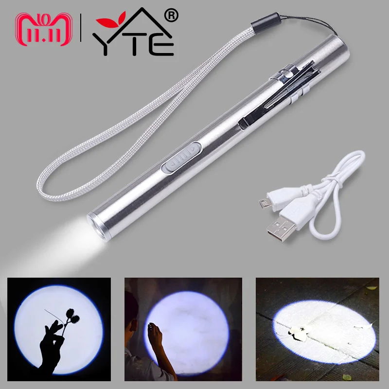 

YTE USB Rechargeable or battery LED Flashlight High-quality Powerful Mini LED Torch XML Design Pen Hanging With Metal Clip