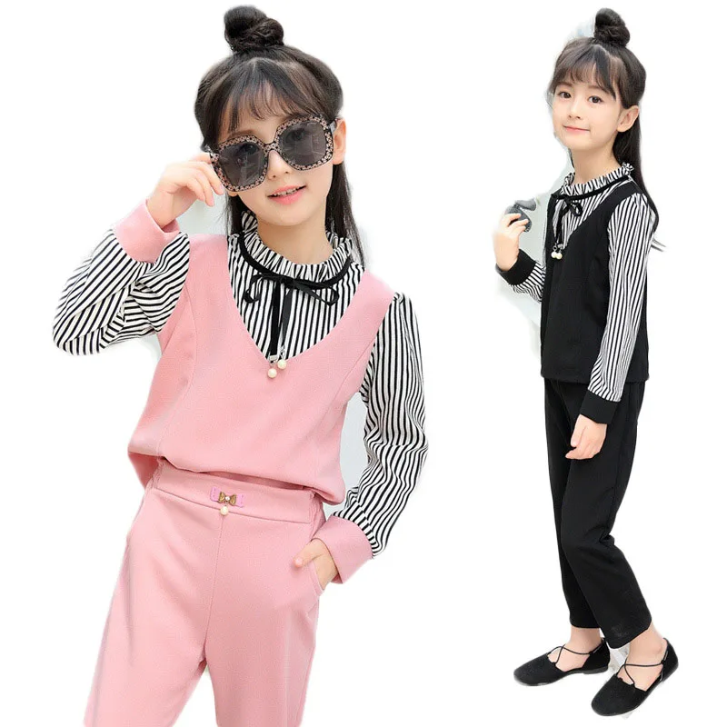 

2018 New Spring Autumn Baby Girls Cute Clothing Sets Children Long Sleeve Bowknot Outfits Baby Stripe Shirt+Pants 2pcs Sets G195