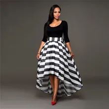 Hot Fashion Sexy summer Women casual skirts set three quarter sleeve solid slim T-shirts asymmetrical striped long skirt 2pcs