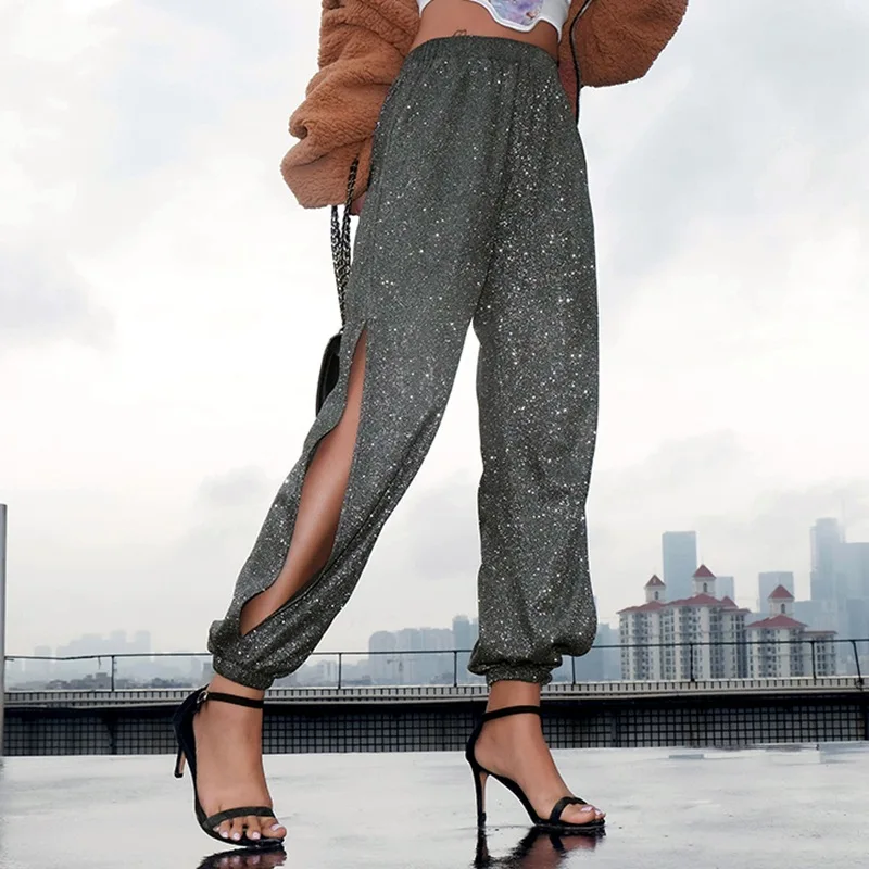 

NCLAGEN 2019 New Women Stylish Shining Lurex Split Cut Trousers Loose Harem Pants High Waist Quality Capris Casual Sweat Pant