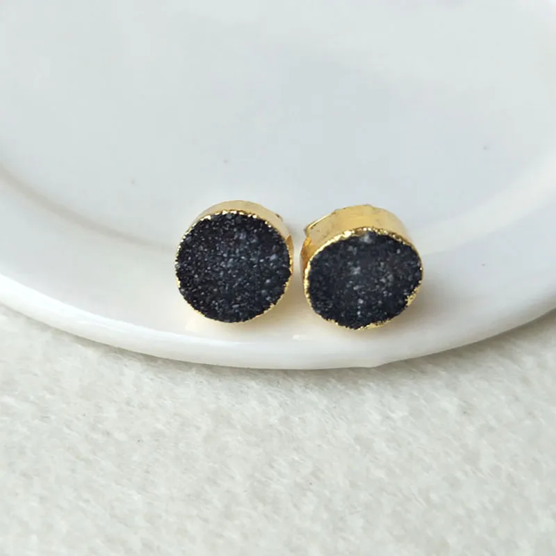 Wholesale 5 pairs 10mm Black Round Drusy Gold color Natural crystal