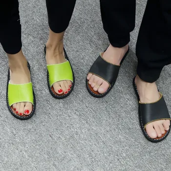 

Leather Couple's Summer Home Foor Slippers Breathable Anti-Skip Full Grain Cow Leather Indoor Casual Shoes
