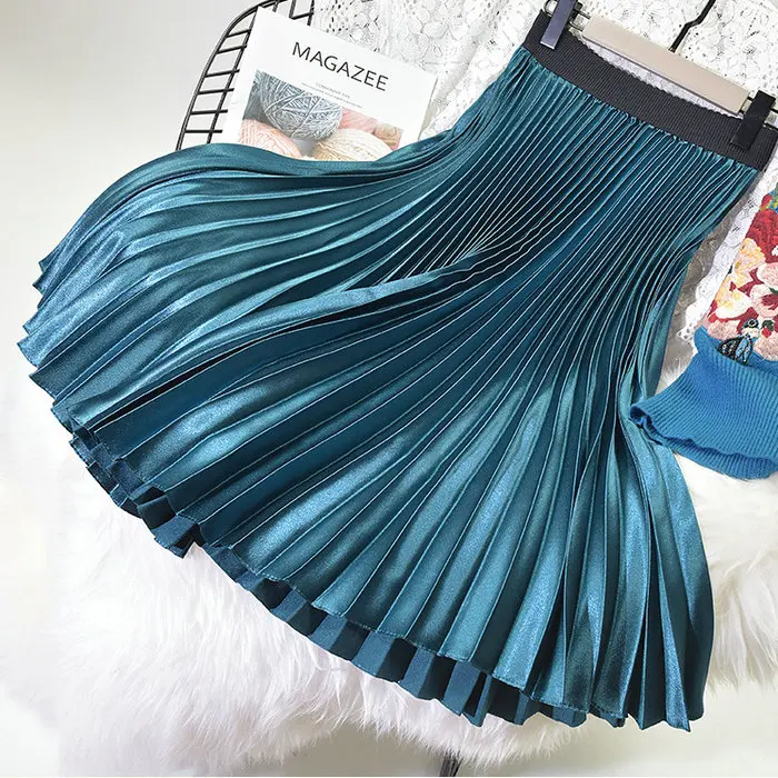 Весна Лето Новая женская однотонная сатиновая плиссированная юбка металлического цвета женские юбки с завышенной талией - Цвет: picture color