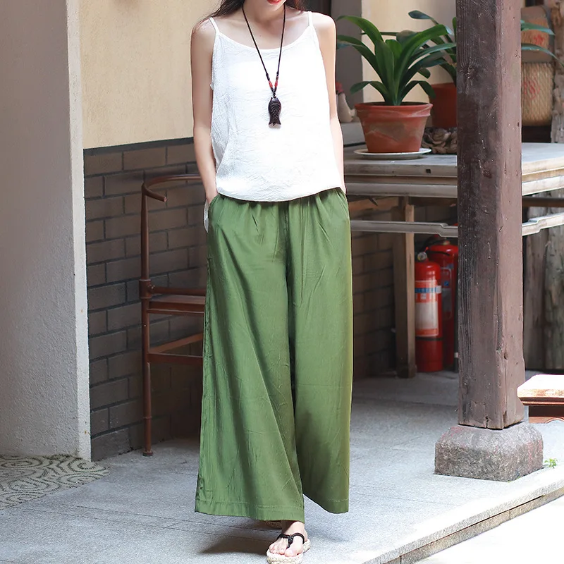 Женские широкие брюки с эластичной резинкой на талии, однотонные белые, черные, армейские зеленые летние брюки, юбка для женщин, широкие брюки C179