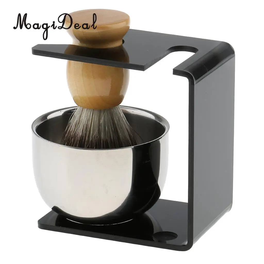 Magideal 4 in 1 Salon Bristle Hair Shaving Brush Mug Bowl Shave Stand Soap Facial Cleaning Brush Travel Set beard brush
