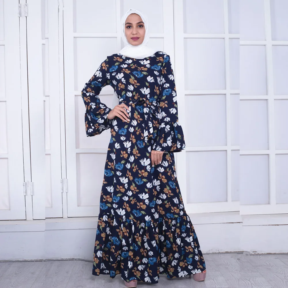 Демисезонный Для женщин мусульманский абайя платье с круглым вырезом с расклешенными рукавами цветочный Рисунок Абаи платье Исламская