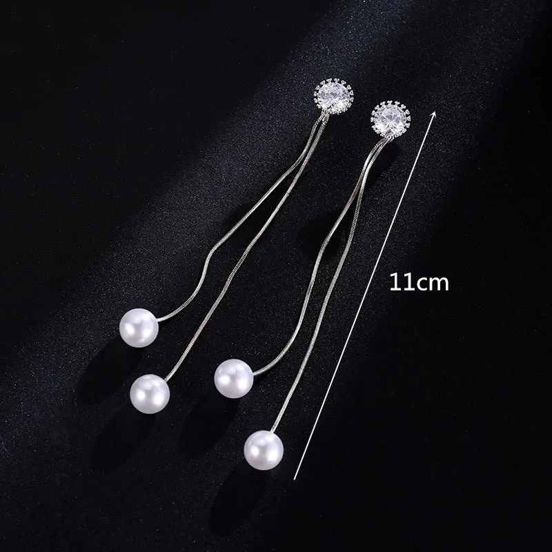 Elegant Pendientes Flecos Women Long Earring CZ Pearl Charm Pendent Snake Chain Tassel Earring Bridal Wedding Jewelry