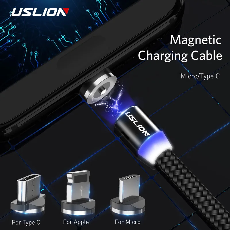 USLION 1 м светодиодный магнитный кабель и Micro USB кабель и usb type C Магнитный зарядный кабель для samsung S10 iPhone Xs Max XR X 8 7 6 Plus