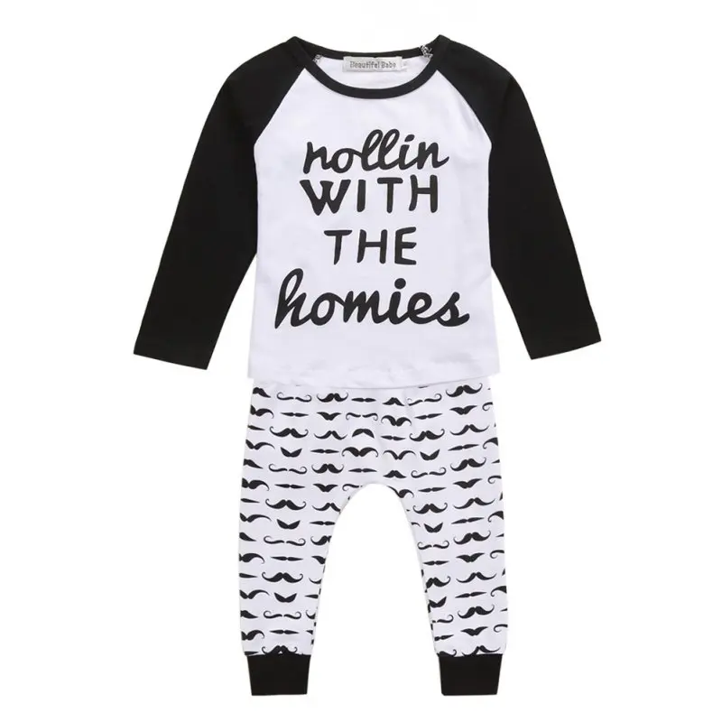 Baby Suits Children Baby Boys Long Sleeve Black White Raglan Shirt Winter Long Pants Outfits Autumn 0-4Y