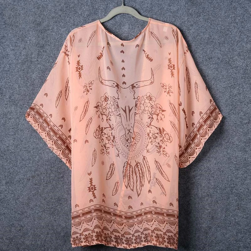 2018 Women Shirt Kimono Boho Cardigan Vintage Geometric Print Blouse Loose Shawl Cape Knits Bohemian Coat Jacket Two Color
