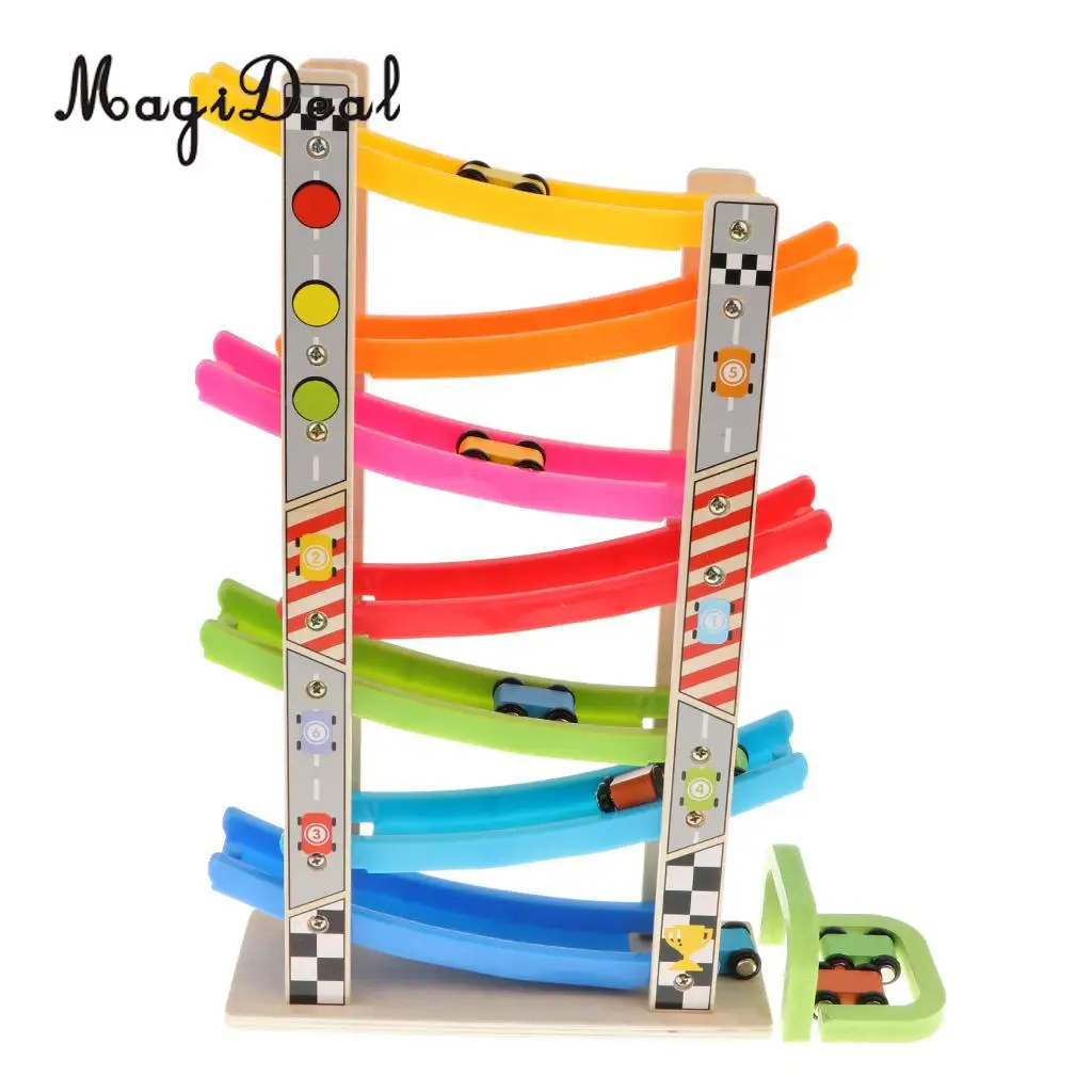 Colorful Wooden Ramp Race Track & 8 mini Inertia Car Playset - Toddlers Baby Toys Developmental Preschool Games