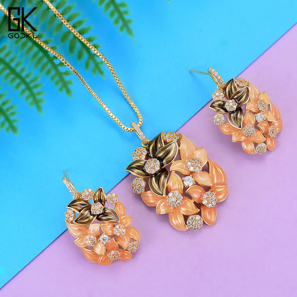 

GODKI Luxury Flower Cluster Necklace Earring Set Cubic Zircon Crystal CZ jewelry Sets for women Wedding India Bridal Jewelry Set