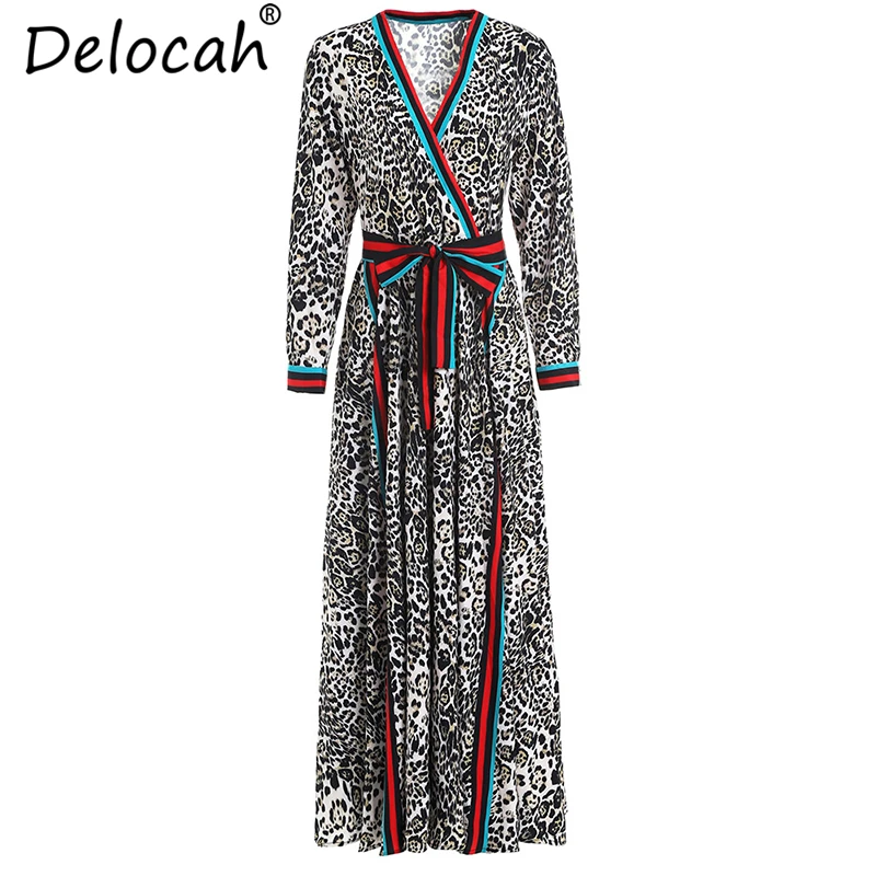 

Delocah New Women Summer Dresses Runway Fashion Sexy V-Neck Leopard Print Bow Tie High Waist Elegant Vintage Ladies Long Dresses