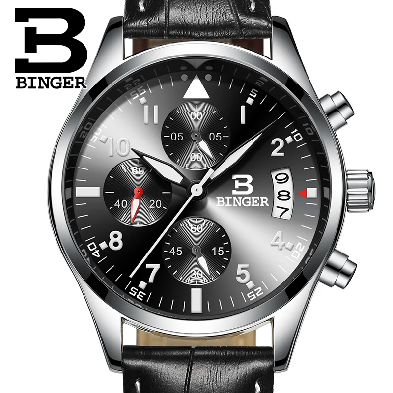 

Binger CHRONOGRAPH & 24 Hours Function Sport Watch Leather Black Luxury Men Watch Men Top Brand Military Watch relogio masculino