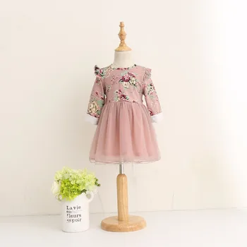 

New Baby Girls Sping Fall Dazzel Mesh Long Sleeve Dresses, Princess Kids Sweet Printed Pink Red Clothing 5 pcs/lot,Wholesale