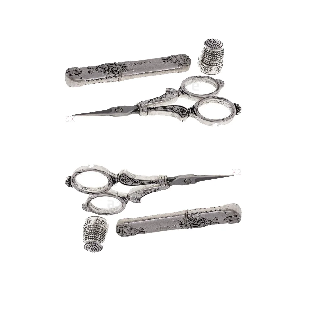 2 Sets European Vintage Sewing Kit Tailors Scissors Thimble Needle Case Holder DIY Embroidery Cross Stitch Crewel Craft Tools