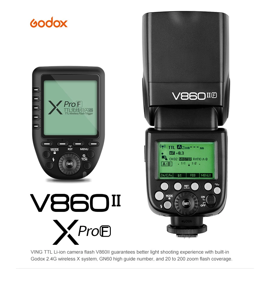 Godox V860II-F ttl GN60 2,4G Высокоскоростная синхронизация 1/8000s Li-on Аккумулятор камера Вспышка Скорость lite+ Xpro-F триггер для Fujifilm