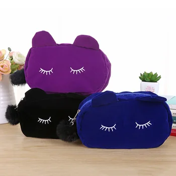 

1pc Kawaii Velvet Cat Pencilcase Large Capacity Fur Ball Pen Pencil Case School Supply Stationery Woman Cosmetic Makeup Hand Bag