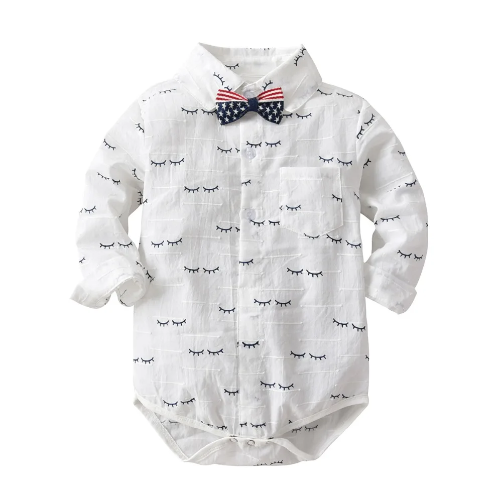 

Gentleman Style Party Infant Boys Cotton Eyelash Print Pockets Lapel Collar Baby Bodysuits Bowtie Jumpsuits Kids Outfits