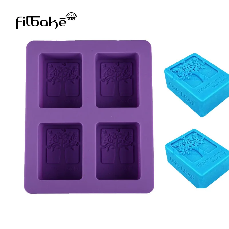 

FILBAKE DIY Cold Soap Hand Mold Silicone Soap Mould Rectangular Happy Tree Ice Mold Four-hole Cake Tools Baking Accessories