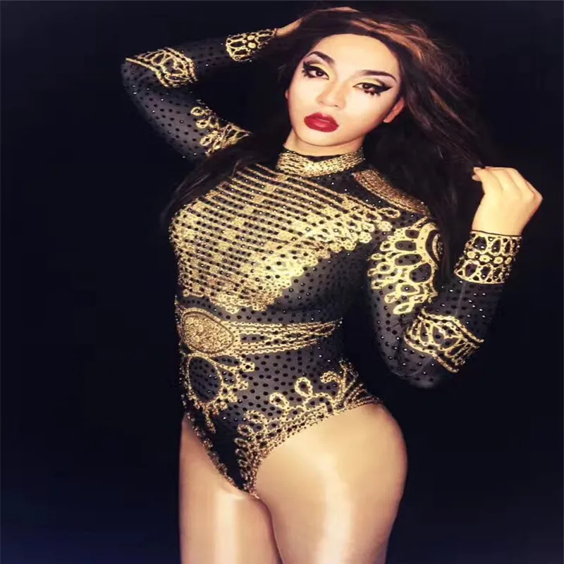 

S15 Ballroom costumes sexy Pole dance black crystals female jumpsuit leotard bodysuit slim singer dress dj disco clothe bar per
