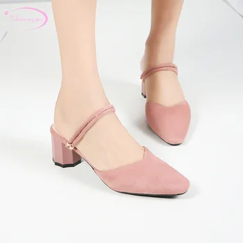 

Japanese sweet style square toe flock summer sandals fashion slip-on black beige pink high heels with chunky women shoes