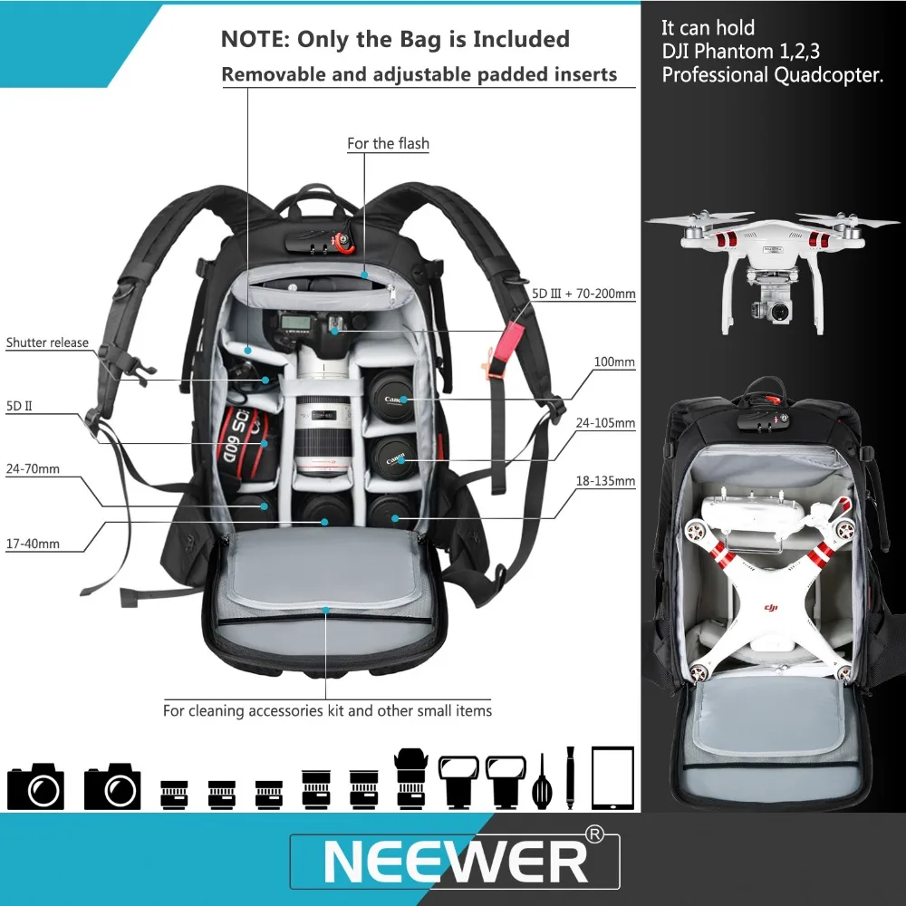Neewer Pro Camera Case Waterproof Shockproof Adjustable Padded Camera Backpack Bag with Anti-theft