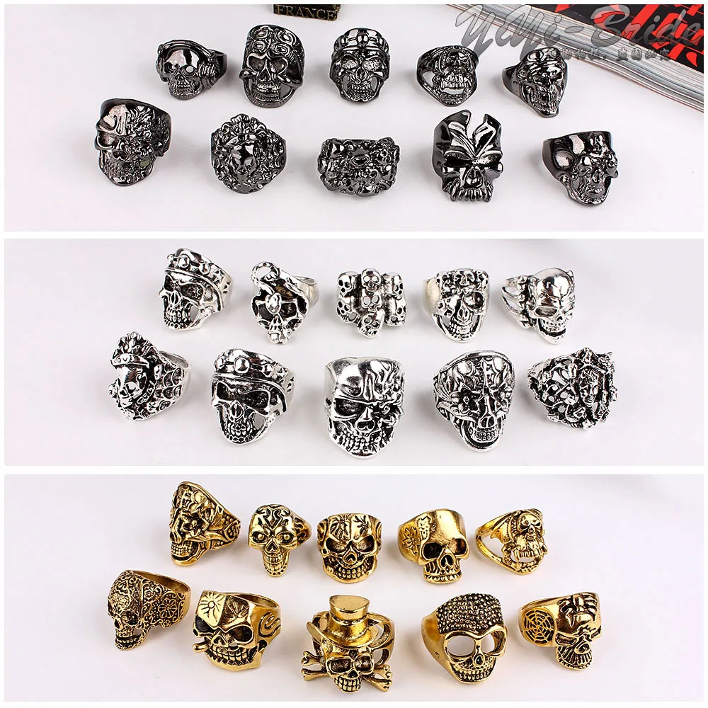 

Fashion Big 5pcs Random Styles Antique Silver/Gold/Black Men Ring Skull Rock Rings Wholesale Rings For Men Free Shipping