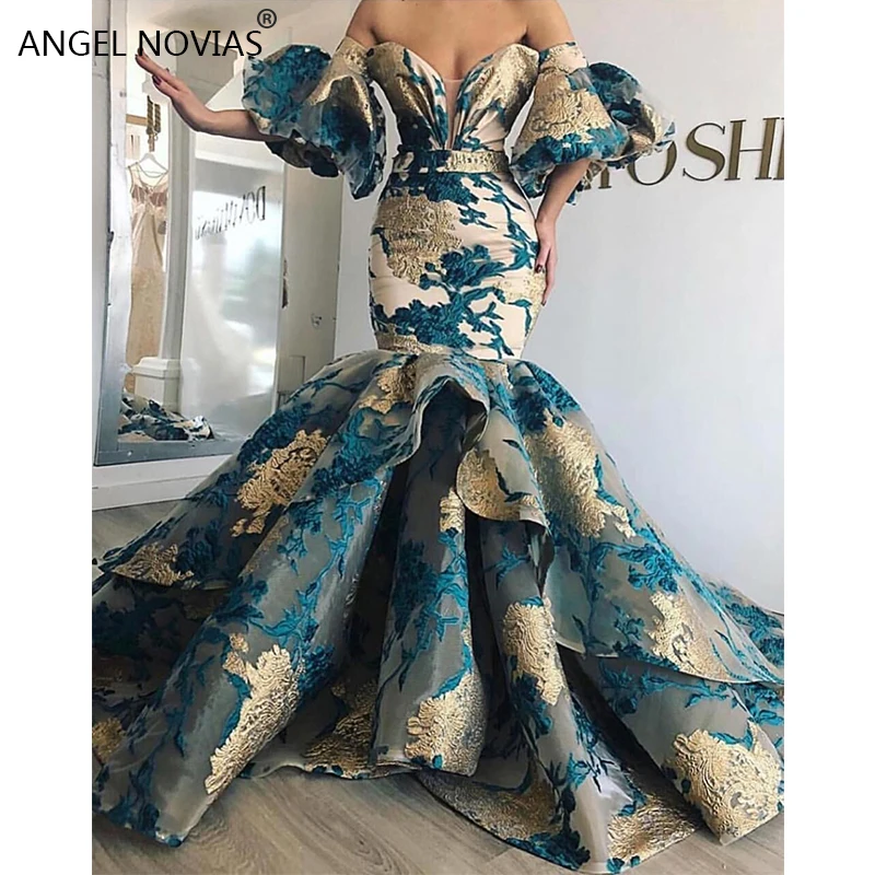 

Long Mermaid Off Shoulder Arabic Lace Evening 2019 Saudi Arabia Dubai Moroccan Sexy Formal Prom Gowns