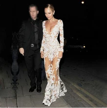 New Custom MAde Sexy Durchsichtig Celebrity Kleider Langarm Elfenbein Appliques Tulle Roter Teppich Abendkleid
