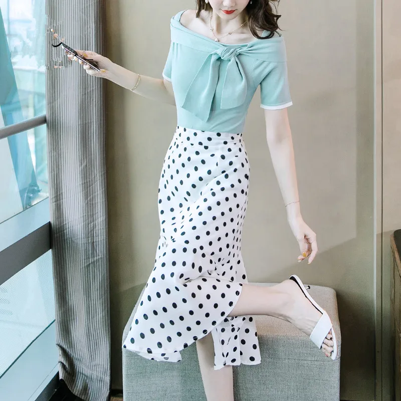 

Elegant OL Work wear Mermaid Skirt Two Piece Sets Off the shoulder Bow Knitting Tops and Polka Dot Print Bodycon Mid Skirt Sets