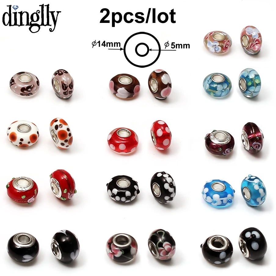 

DINGLLY 2Pcs/Lot European Colorful Glass Beads Murano Charm Mickey Flower Beads Fit Girl DIY Brands Bracelets & Bangles Gifts