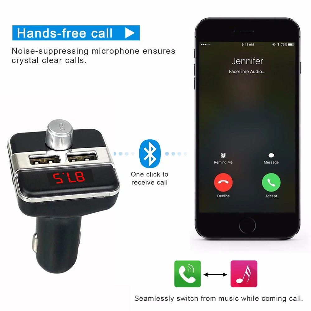 JINSERTA fm-передатчик Bluetooth Handsfree автомобильный MP3 музыкальный плеер 2 USB Автомобильное зарядное устройство беспроводной аудио приемник адаптер с TF слотом