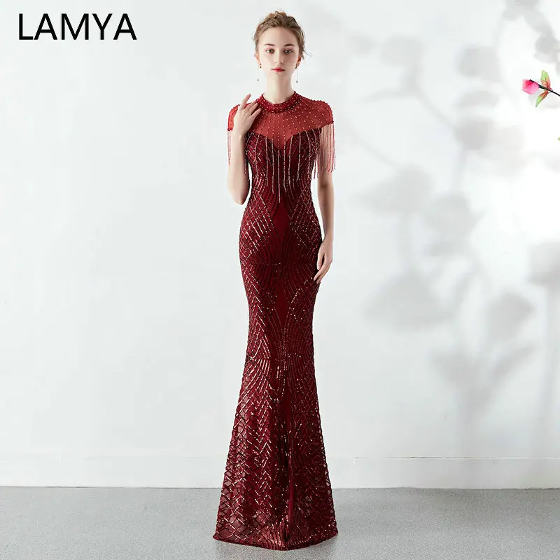 

LAMYA Elastic Satin Mermaild Evening Dresses High Neck Vintage Sequined Prom Dress Beading Cap Sleeve Formal Gown 2019 In Stock
