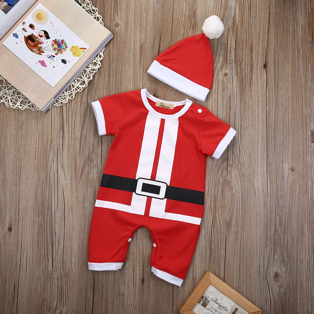 Красная одежда с ремнем для маленьких мальчиков и девочек Рождественский комбинезон с Санта-Клаусом, комбинезон с коротким рукавом, детская Рождественская одежда, шапки, костюм для малышей