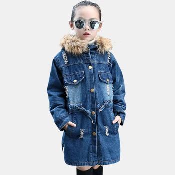 

2018 Children Kid Girls Denim Jacket Large Fur Collar Girls Clothes Denim Outerwear Autumn Winter Plus Thick Jacket For Girls