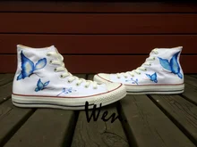 Wen Original Hand Painted Shoes Design Custom Blue Butterfly Men Women’s White High Top Canvas Sneakers